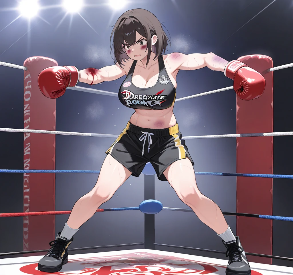 Beautiful girl idol mixed martial artist competing in the ring。Sweat。muscle。six pack。naked。big bust。