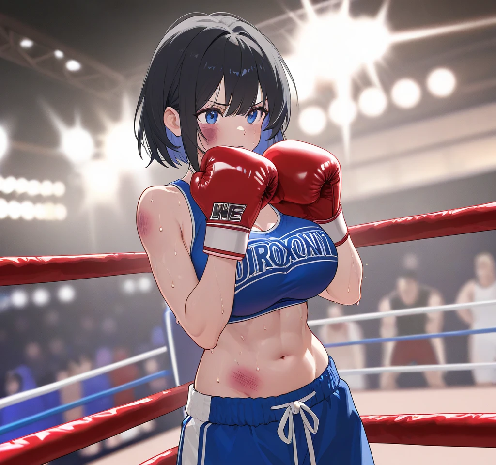Sweaty and bruised, she is in a mixed martial arts ring against a female fighter. Her body is slammed to the ground. She is bent over with one eye closed. She is gasping for breath and drooling with her mouth open. She is a cute Japanese high school girl with short-cut black hair. She is wearing a sports bra, high-leg shorts, and open-finger gloves. Small breasts, poor belly, slender body, poor body.