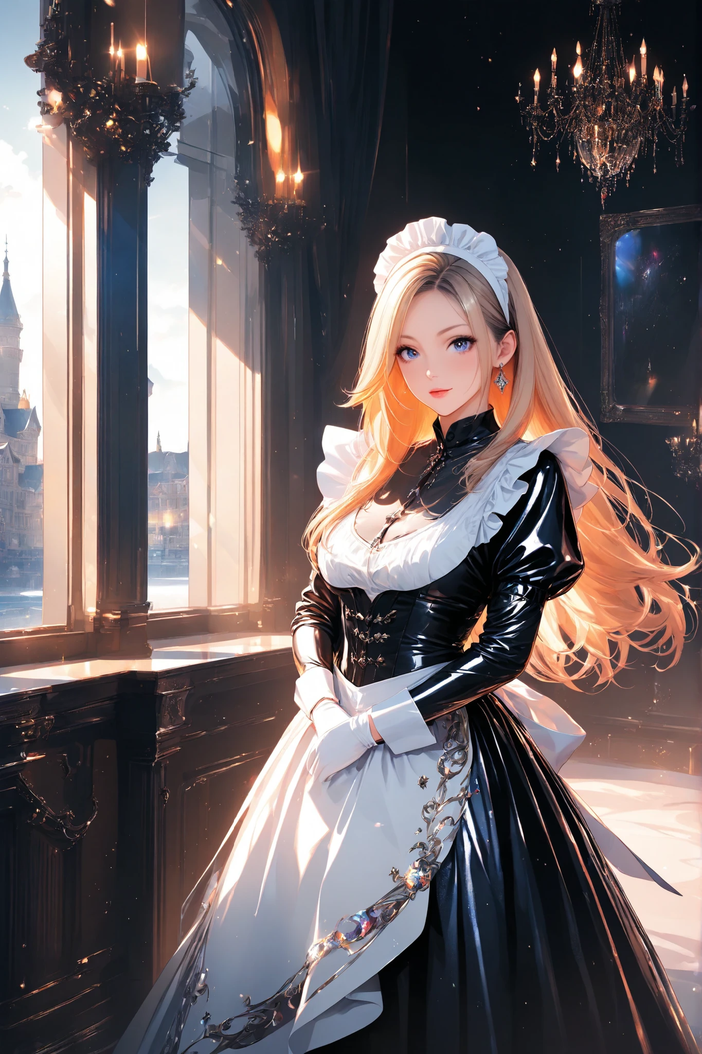 Super Detail, absolute resolution, masterpiece.
Cool Beauty, red shiny and silky 、 flowing high-layer belly shortcut , Attractive Eyes, makeup, Wearing gray and black northern renaissance-style latex maids, gloves.
standing in front of a window with classic drapes , luxury mansion, Wrapped in transparent iridescent backlighting .
Mr.々hazy glitter effect with rainbow colors, Wonderland Worldview.
is very well described, very sharp image, bold and dynamic, Contrast of Light and Dark, 2.5d, art pictures, super realistic
