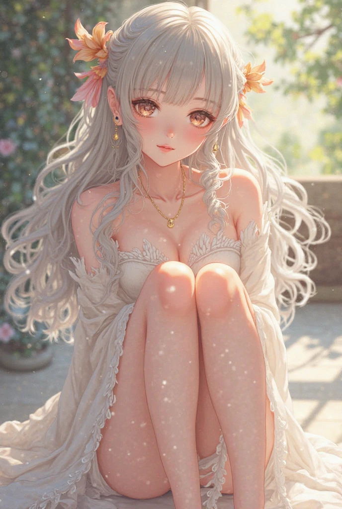 1.5),(1 girl),(Dynamic Pose),(multicolored hair+Silver hair:1.3+Red hair:1.2+Purple hair+Yellow hair:1.3+Green hair:1.3),(Blue eyes),(Neck ribbon),(floating),(cloud),(Too many drops of water),(Twilight),(watercolor paiting),(Wide Shot),(Accurate Hand Modeling),anklets,sandal,Naked,Sit with Pétain,