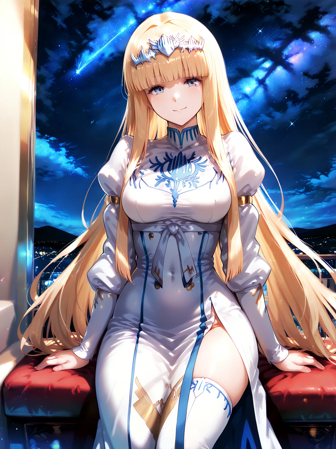 safe for work, best quality, 1 girl, female figure, yellow hair, blunt bangs, extra long hair, crystal blue eyes, indoors church, marble floor, golden blonde hair, cowboy shot, voluminous hair, wavy hair, cute girl, (medium small breasts), (young female body: 1.4), white dress, long white dress, priestess dress, magical priestess girl, long sleeves, flowing dress, lying on the stone floor, lying on backside, human sacrifice, looking from above, bird eye view, crying, tears, scared expression, marble floor