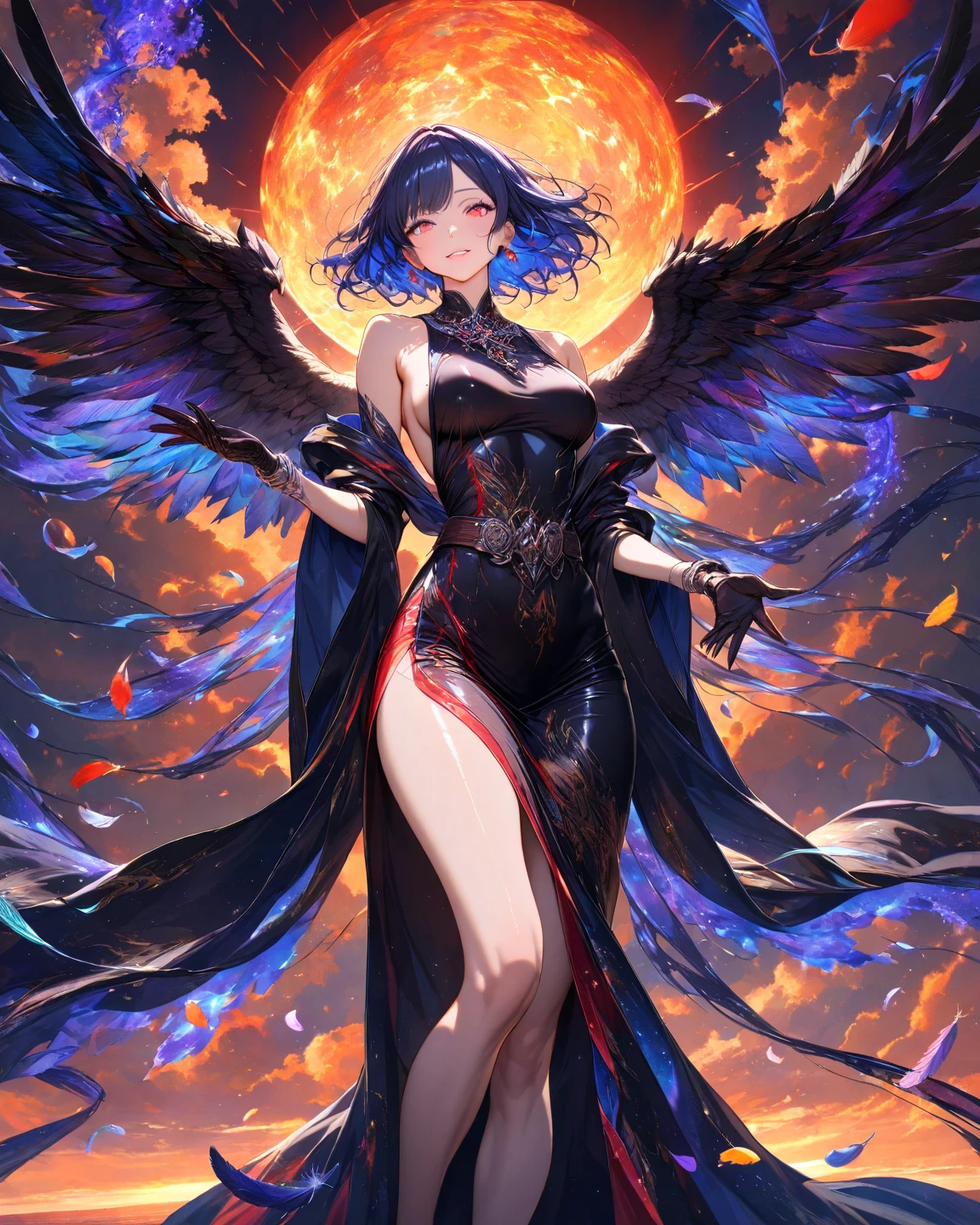 Blue Phoenix , beautiful female, chubby, flames on body, huge wings, curly hair, flames, fire, blue flames