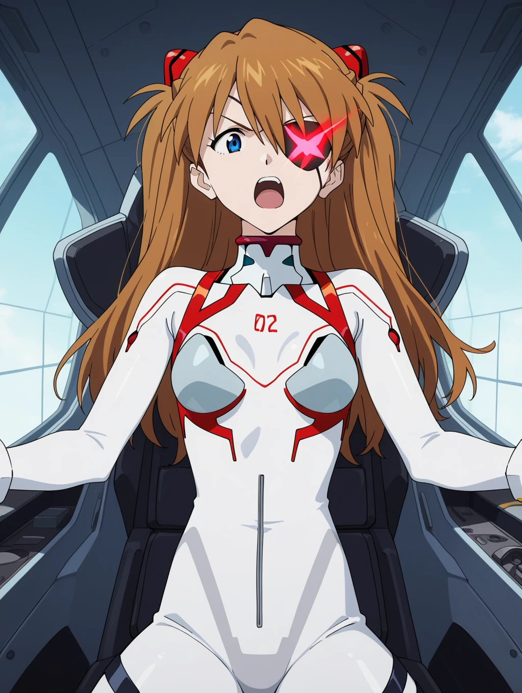 asukalangley, <lora:asuka langley soryu rebuild-lora-nochekaiser:1>, 
asuka langley soryu, (souryuu asuka langley:1.2), long hair, bangs, blue eyes, brown hair, hair ornament,
BREAK (eyepatch:1.5), bodysuit, pilot suit, plugsuit, (white bodysuit:1.5), interface headset,
BREAK outdoors, city, sky, clouds, sun,
BREAK looking at viewer, (cowboy shot:1.5),
BREAK <lyco:GoodHands-beta2:1>, (masterpiece:1.2), best quality, high resolution, unity 8k wallpaper, (illustration:0.8), (beautiful detailed eyes:1.6), extremely detailed face, perfect lighting, extremely detailed CG, (perfect hands, perfect anatomy),