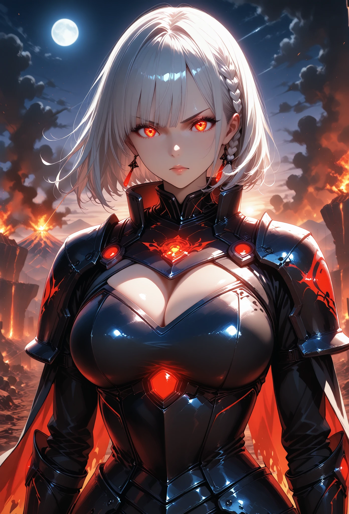 ((​masterpiece、top-quality:1.5、a high chroma:1.5、ultra-detailliert、high-resolution illustrations:1.5、Ultra-high-definition CG、8k size wallpaper、offcial art))、((s fractal art:1.5))、(highly colorful:1.5),(front view:1.8),(1girl),( s:1.5)(Shining red eyes:1.5),(Beautiful face:1.5,Beautiful eyes:1.5)、(close to viewer:1.5),
(clear face:1.3)、(sexy body),((Detailed dark fantasy armor dress:1.5)),((intricate detailes,detailed dress)), (Beautiful dress in every detail),(large breasts:1.5),(Shining red eyes:1.2),upper body、(metal shine:1.5),Dark Fantasy,云、colourfull