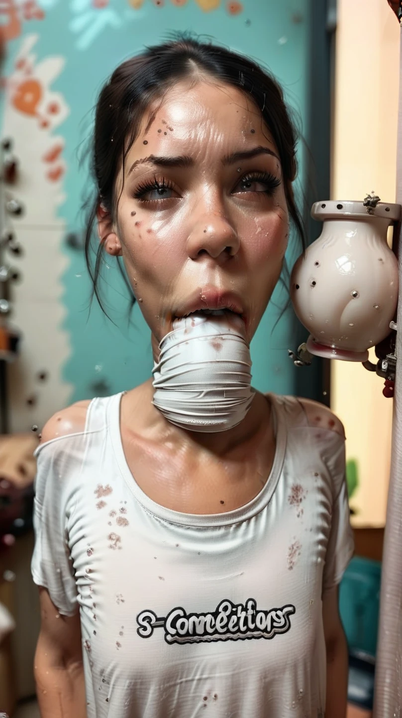 ((Browsing Caution)),((Naked festival)), (masterpiece: 1.2, Highest quality), Tan Skin、((Holding and sucking a big dick))、((Flat Chest))、Side close-up、Close-up of an 18 year old woman、Top view、There's a lot of white slime on my face、look at the camera with a sad face、Drooling、Watery eye