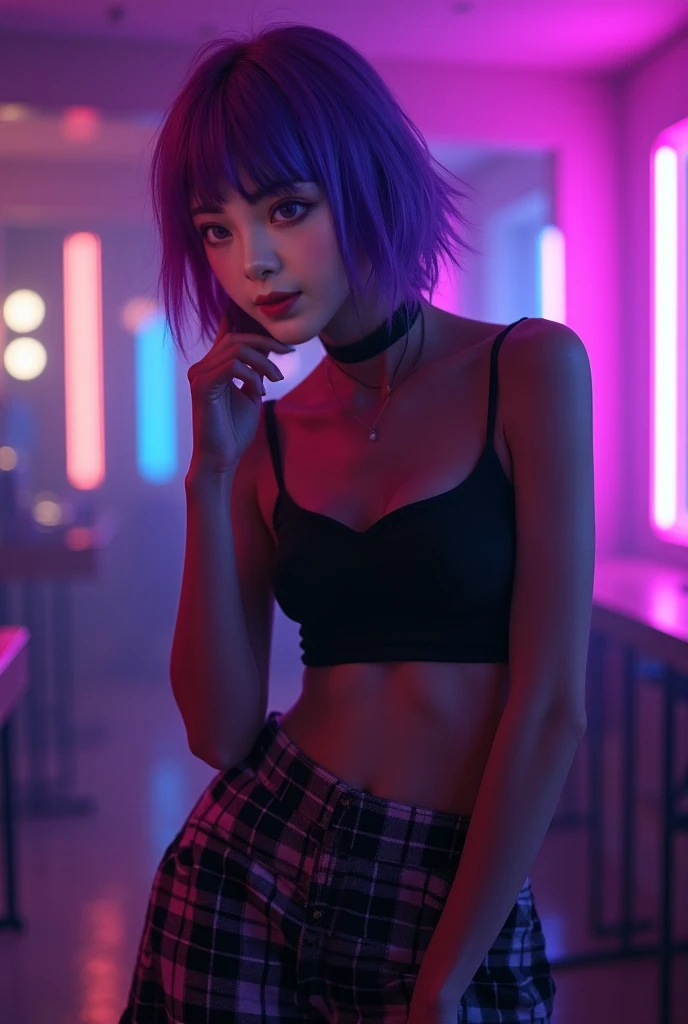 1 girl, best qualityer, work of art, high resolution, [purple|switches|Unripe] _body hair, black miniskirt, body hair accessory, necklase, jewerly, beautiful  face, anxiously waiting, full body view, realisitic, open air, modern square, two tone lighting, (high detail skin: 1.2), 8k UHD, dslr, smooth light, high qualiy, Volumetric Light, candid, photoshot, high resolution, 4K, 8k, background blur