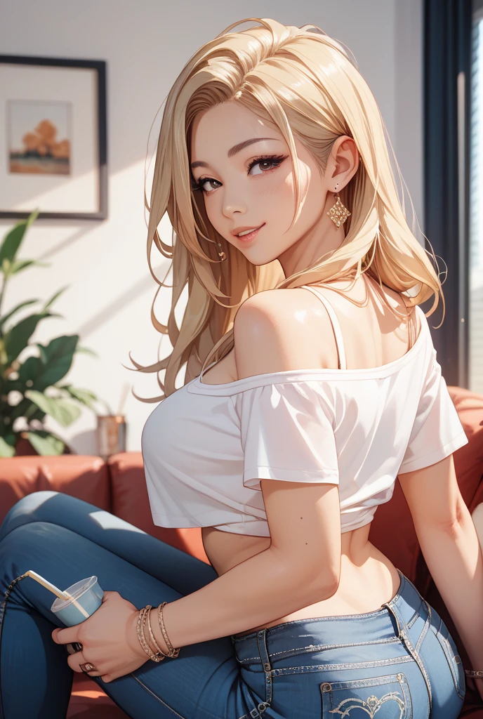 realistic, best quality, 8k uhd, dslr, soft lighting, high quality, film grain, Fujifilm XT3, intricate detail, depth of field, 17 years old girl, sitting, (lens flare, backlight:1.2), (caramel blonde, long wavy hair), earrings, hair ornament, off shoulder blouse, blush, choker, looking at viewer, flash, medium breast size, light coloured jeans, detailed purple eyes, realistic face, beautiful face, cute face, adult face, soft pink lips, slim frame, long legs, full body, standing pose, black converse shoes, smooth skin, slim figure, medium butt size, glossy lips