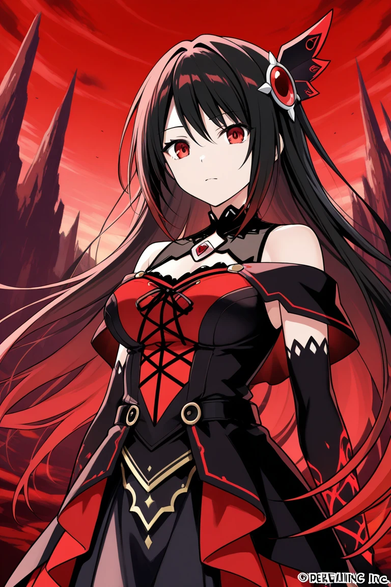 cure devil(magical girl, big breast, feather motif hair accessory, black long hair, red eyes, black long dress, black short boots, black opera gloves)