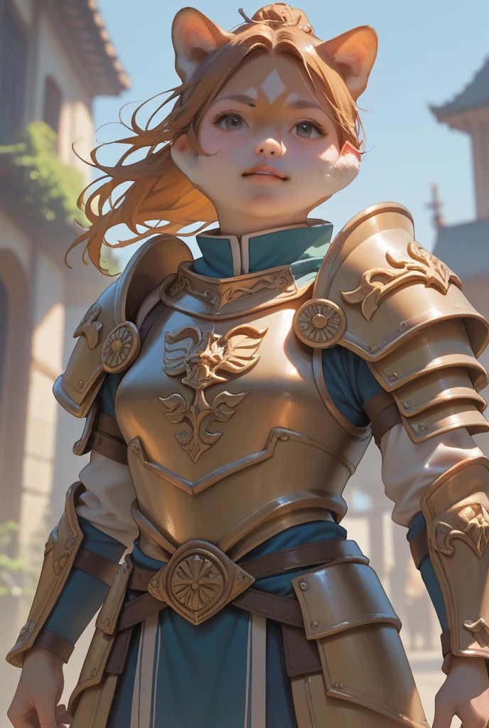 Masterpiece, hyper detailed, 1girl, teen , smiley face, freckles, wide forehead, big eyes, green eyes, short bowl haircut, brown hair BREAK very intricate detailed medieval armor shiny with big shoulder defense, no helmet BREAK standing in middle camomile plain, butterfly's flying around, sunny day, ((big boobs))