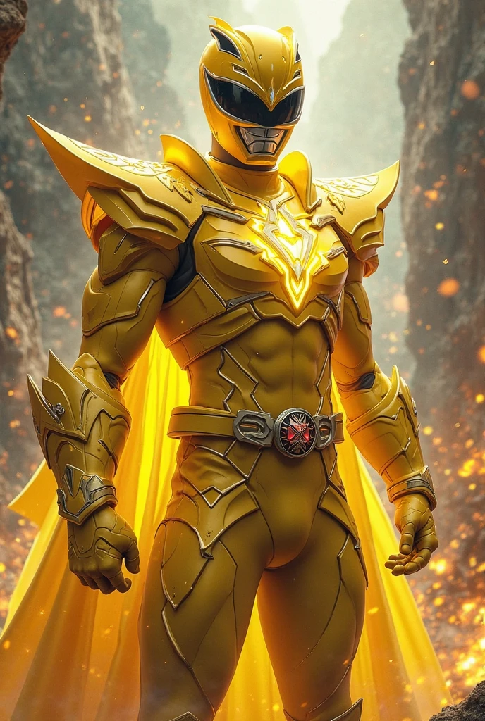 Make a power rangers psycho rangers with dark yellow fox details with cape and claws with 2 police flashers on the helmet on both sides