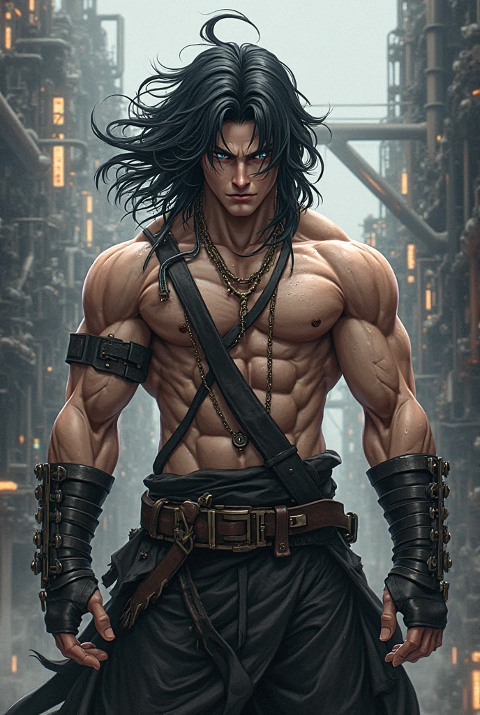 highly detailed gothic man, dark skin, black long hair, handsome features, wearing eyeliner, supernatural, dark, scars all over body, scars on face, scars on chest, scar, serious expression, best quality, 8k, hyperrealistic, cinematic lighting, dramatic shadows, moody atmosphere, dark fantasy, chiaroscuro, dramatic pose