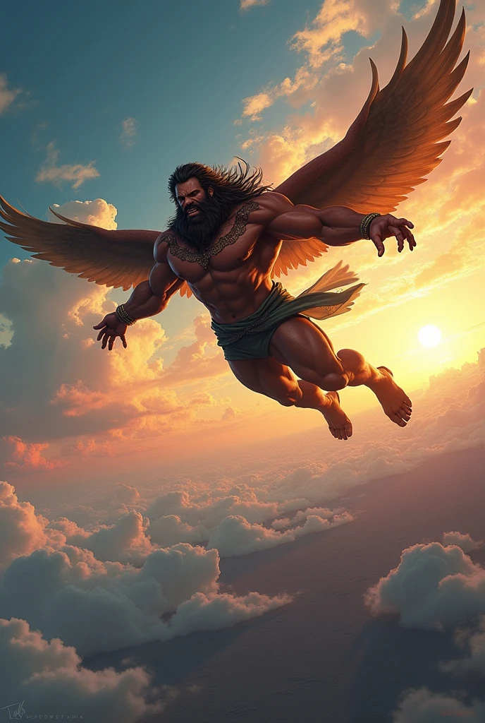 Illustrate Hanuman flying over a vast ocean, with waves crashing beneath and perhaps some sea creatures looking up in awe at the powerful figure above.