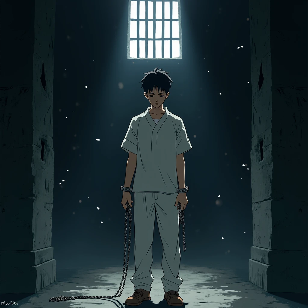 Cinematic anime style. manga art. TME0224 face, sad expression, (((a baby boy, 4 year old))) in a funny night (((wearing a baggy wide pants with hands grabbing the bars))), (((inside a tiny closed cage behind bars, standing with the arms grabbing the bars))). cinematic lighting, drop shadow, masterpiece, UHD, anatomically correct, textured skin, super detail, high details, high quality, best quality, 4K, full body, standing