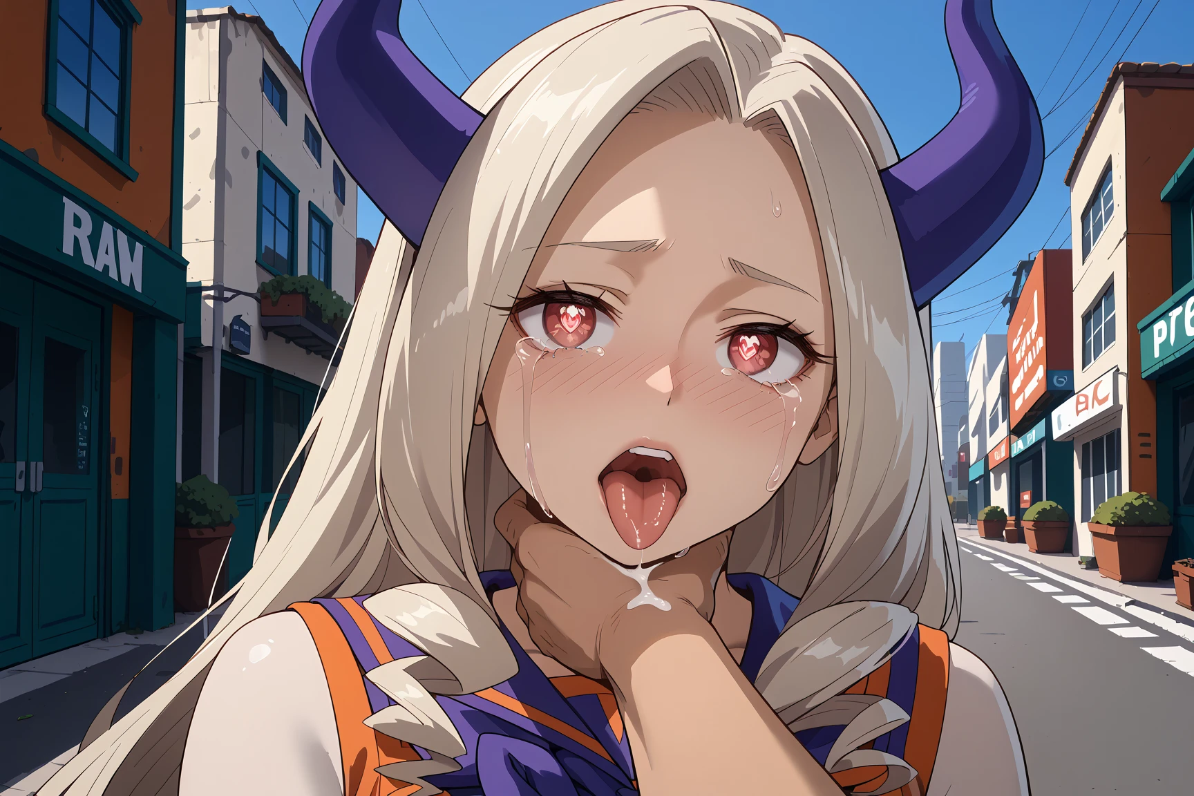 ultra detallado, soft illuminaotion, anime, (1girl), Mtladymha, boku no hero academia, Cabello largo, cabello rubio, Purple Horns, domino mask, bodysuit, pechos grandes, ojos morados, Noche, cara, boca abierta, uvula, boca, lengua, lengua fuera