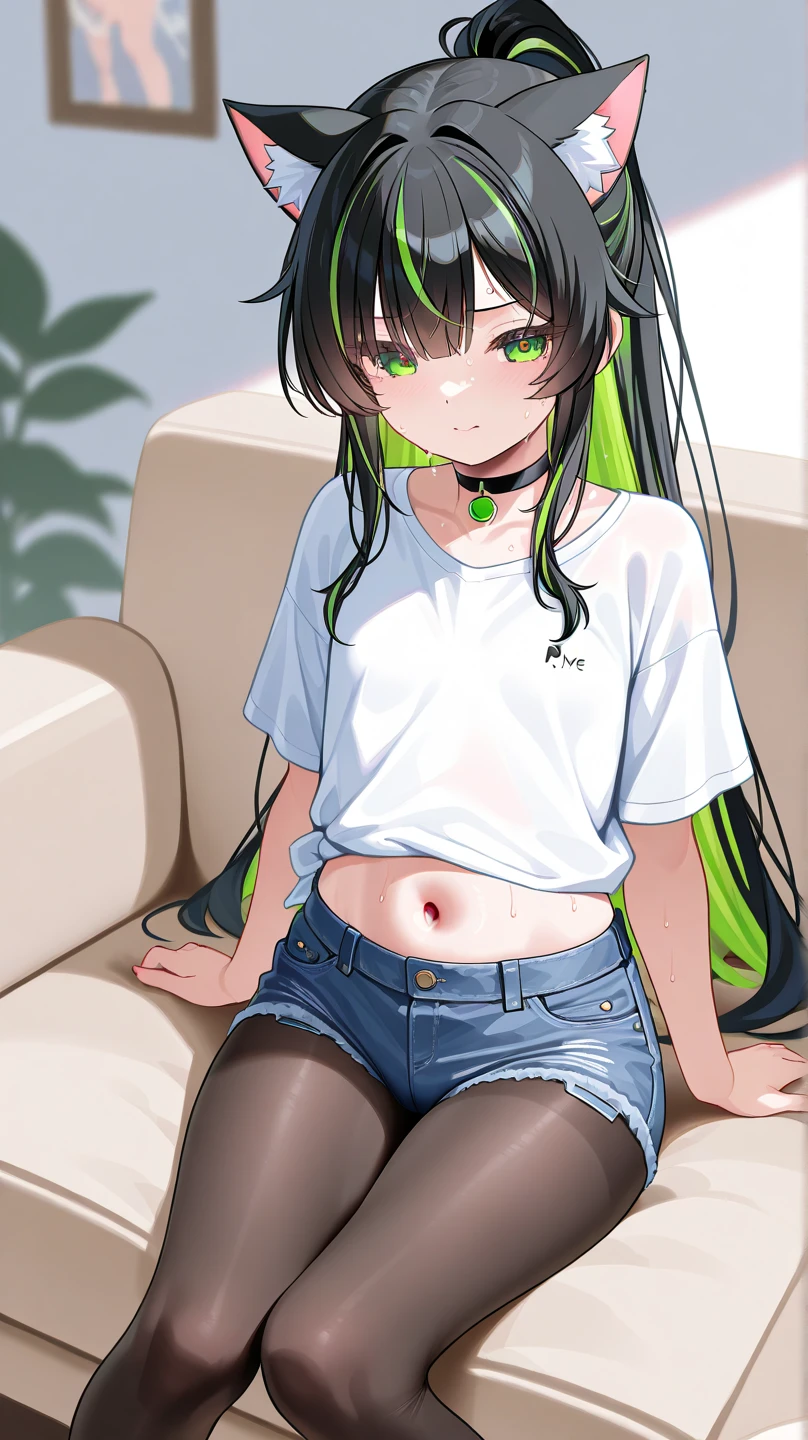 best quality, masterpiece, 1girl, solo, maho, messy hair, full body, green eyes, dark green hair, wariza, t-shirt, white shirt, off shoulder, bottomless, Giantess girl, looming over tiny person, pink sneakers, camel toe panties, vow angle view from floor