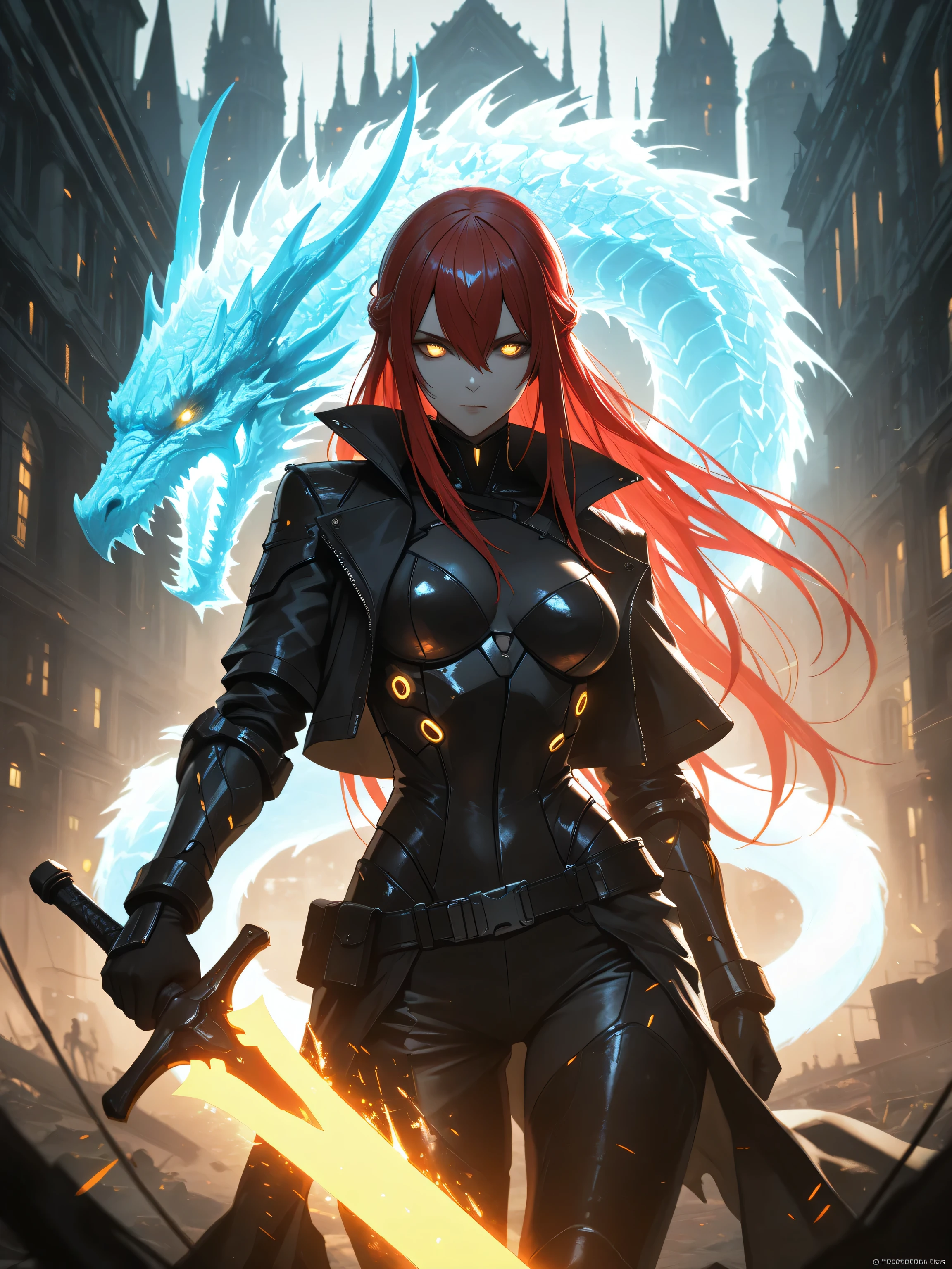 (EyesHD:1.2), masterpiece, best quality, ultra-detailed, very aesthetic, sharp focus, depth of field, vibrant colors, ray tracing, best lighting, detailed illustration, detailed background, cinematic, beautiful face, beautiful eyes,1 girl , golden eyes , very long hair , long sidelocks, red hair ,half updo, petite , very cute , beautiful ,Straight hair, cool, handsome, hair between eyes, sexy, medium breasts , adult, female, elegant woman, cyberpunk warrior, female knight, black futuristic armor, glowing blue cracks, cybernetic enhancements, golden glowing eyes, intense gaze, giant white dragon, dark fantasy setting, ruined city, gothic architecture, two flaming great dagger, battle-ready stance, embers and sparks, apocalyptic atmosphere, highly detailed, dynamic composition, cinematic lighting, ultra-high quality illustration,((Anime illustration)) ((Incarnate detail)) ((Masterpiece)) ((Highest quality)),Xeno, scanlines, monochrome, high_contrast, selective_coloring, muted_palette, full_color, detailed_outline, detailed_linework, cyberpunk, industrial, dystopian, psychedelic ,Dark color, glow0_3