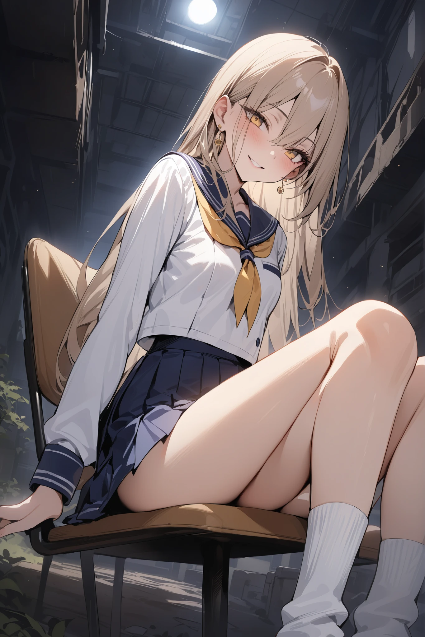1 Female, cute, alone, School, blonde, Eyes: Dark blue eyes, sexy, (((Sit on the ground, Stand on your knees, Knees closed, Panties White panties))), Camel Toe, (From below:1.2), masterpiece, Fine details, Breathtaking works of art, high quality, 8k, Very detailed, High resolution, Wide night sky, loafers