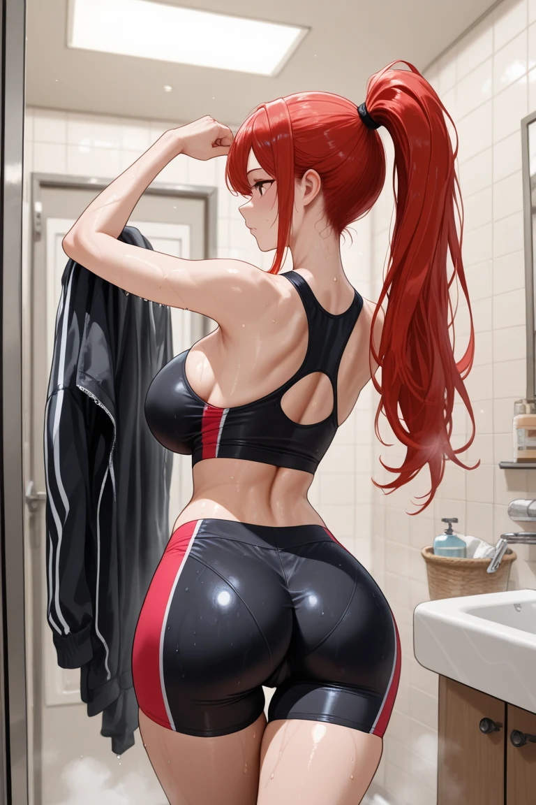 High best quality very detailed clean image
1woman, milf, elf, citizen, crimson red hair tied in a ponytail with a pale white beautiful reibbon, 50 years old milf, fair skin, light blue green eyes, thin lips, medium big breasts, big butt, beautiful legs, short pointed ears with tiny orange gems, kind smile, joy demeanor, relaxed, dark blue square glasses, stretching booty, (pale yellow one piece leotard, pink sport shoes, light green socks), viking stailed modern house, viking stailed modern living room, windows, snow streets throught windows, pale orange floor
