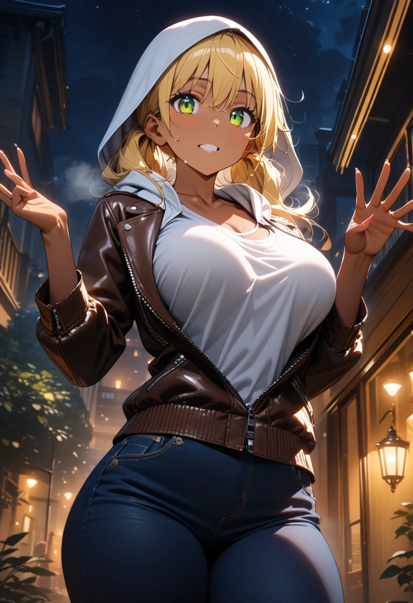 in daytime street, 1girl, blonde very short hair, (brown skin:1.4), large breasts, (pikachu costume hoodie),