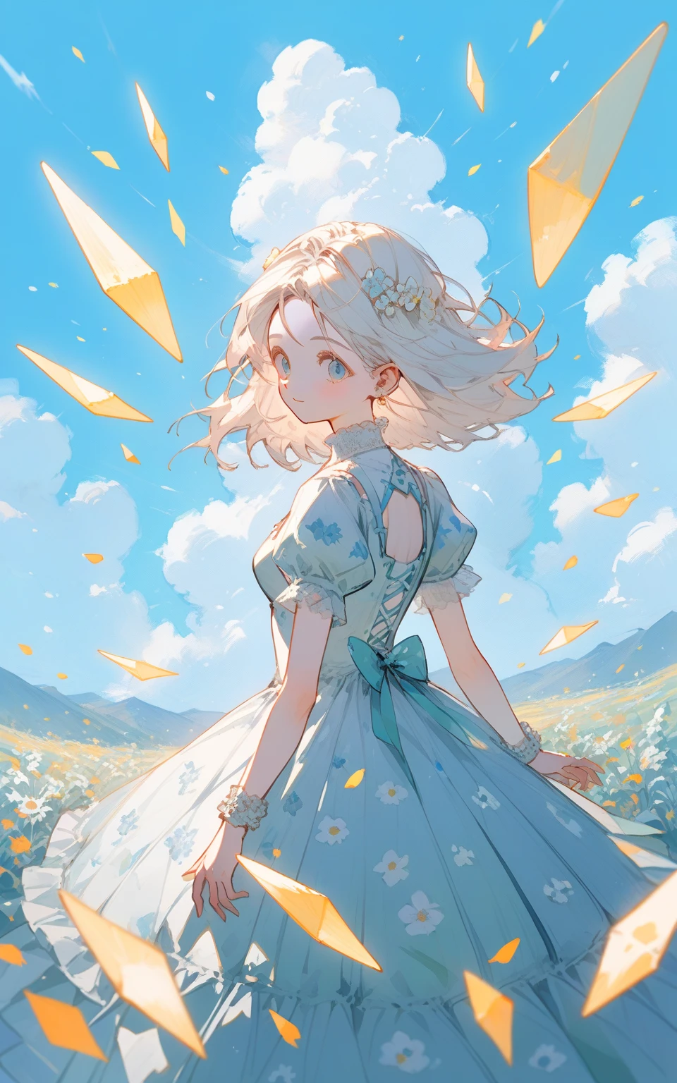 Cute girl drawn in pastel colors, Summer cloth around her, Dancing in the Wind, High quality drawings.