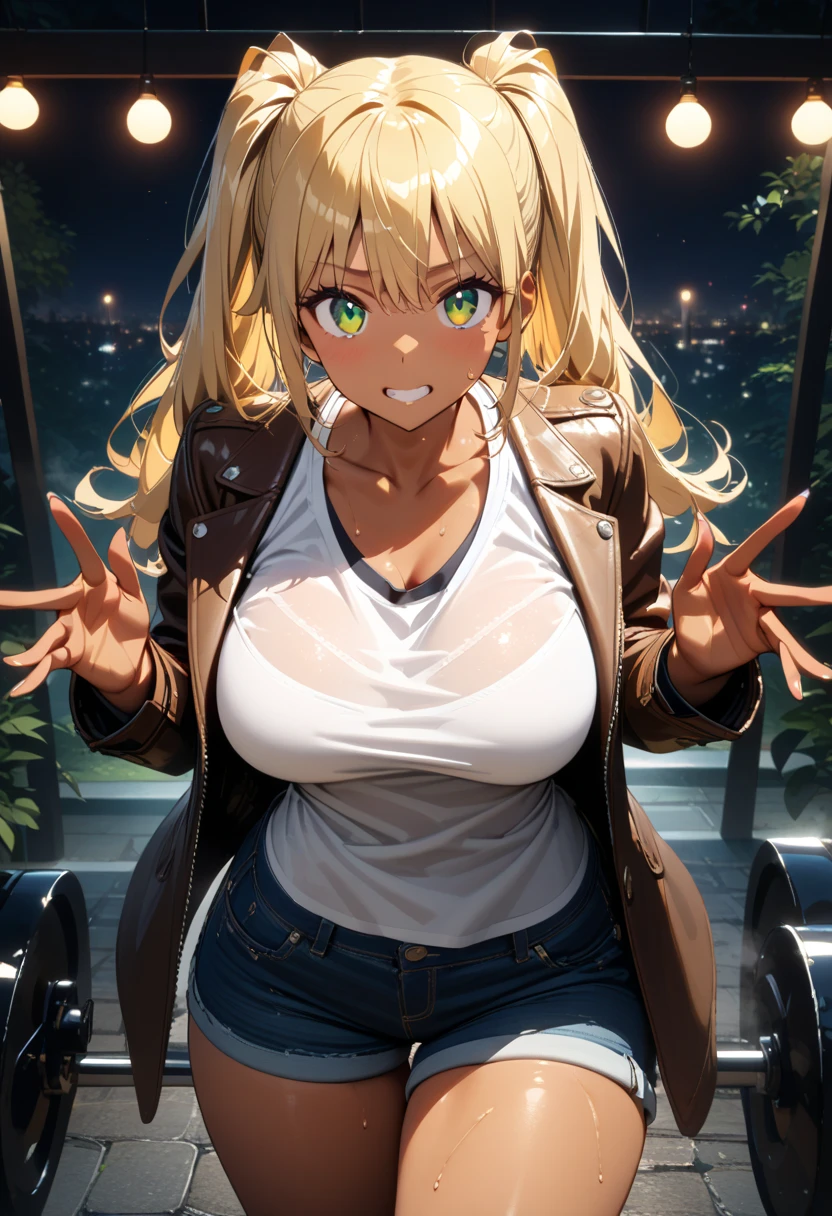 best quality, masterpiece, ultra high res, detailed background, realistic, 1girl, solo, female, muscular, mature female, long hair, blonde, messy style, makeup, sitting on a chair, legs open, showing panties, seductive scene, sticky school clothes, wet breasts, open mouth, serious face, sexy beak, beautiful eyes, well done, pink eyes (kind of violent), erotic expression, school, real shadow and light, depth of field, huge boobs, torn clothes, torn bra, uderboob, looking at the viewer, strong wind in the face, strong wind in the hair, loose hair, Mai valentine, Konosuba, sweaty, wet, sexy, flushed, embarrassed, moaning, ((thick white liquid on the breasts)), ((very sweaty)) ((the body is dripping wet)) ((wet thighs)), ((spreading thighs)), no mistakes, well detailed, extremely well done