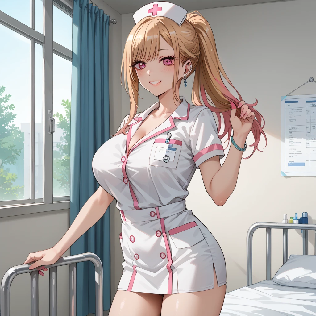 (masterpiece, best quality, ultra-detailed), (embedding:ziprealism:1), 1girl, (mature female:1.2), peru nurse uniform, skirt, curvy, puffy lips, luscious lips, seductive smile, solo, long hair, olivedrab hair, deepskyblue eyes, drill hair, hair ornament, medium breasts, facing viewer, hospital room, detailed eyes, perfect composition, intricate details
