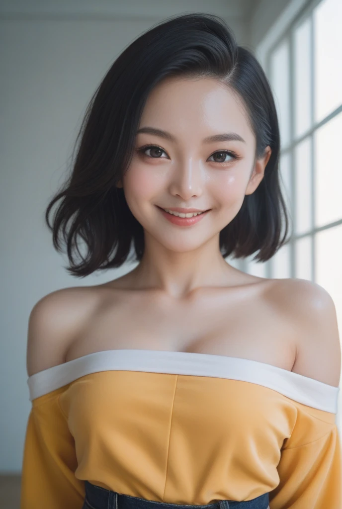 highest quality, masterpiece, Realistic, 8k, 1 sexy woman, (Look forward), Upper Body, (View your viewers), mature, 30 years old, Yellow u-neck light knit shirt, Cleavage, Straight hair, Symmetrical hairstyle, Lewd Eyes, Last, Mean Woman, Attractive lookn , korean look