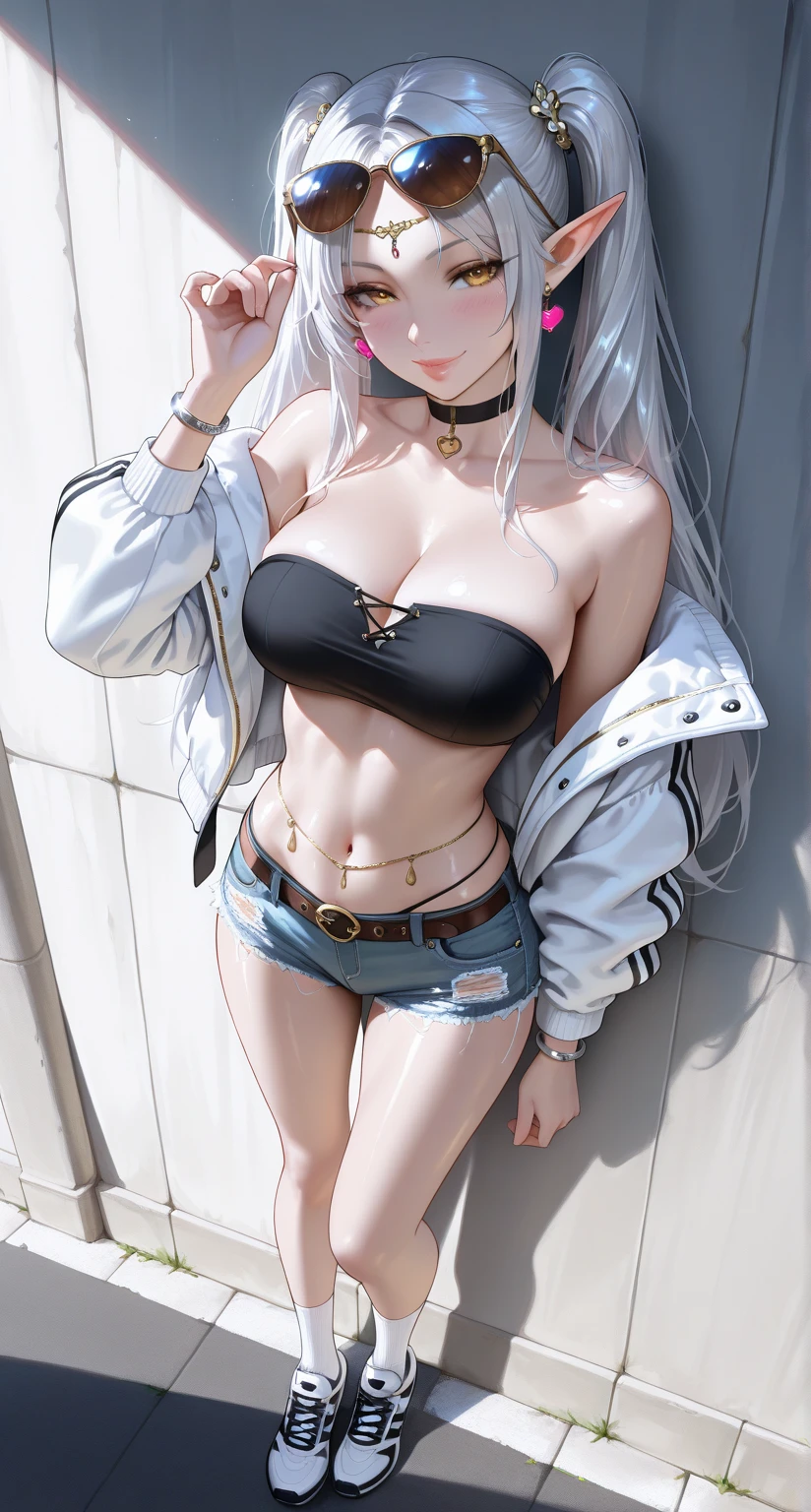 Junko Enoshima with (Masterpiece: 1.1), (Best Quality: 1.0), (Ultra HD: 1.0), (8K Resolution: 1.2), (Real: 1.0), (Ultra Detail 1:0), (Original photo: 1.1), Bird's eye angle, Outdoor, 1 girl, bangs, exposed panties, breasts, collarbone, eyebrows visible through hair, medium chest, transparent bangs, light gray hair, collarbone, thigh space, small buttocks