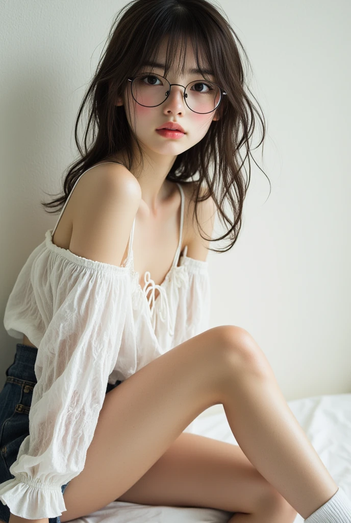 ((best quality、masterpiece、high sensitivity、high resolution、detailed depiction、depicting a delicate face、Fvalue:6.0),((Slender Woman、wearing glasses)),Off Shoulder Blouse、Lace Up Skirt、platform sandals、High Leg Socks、Hug Me to Stitch、Photo taken while sitting、happy smile、