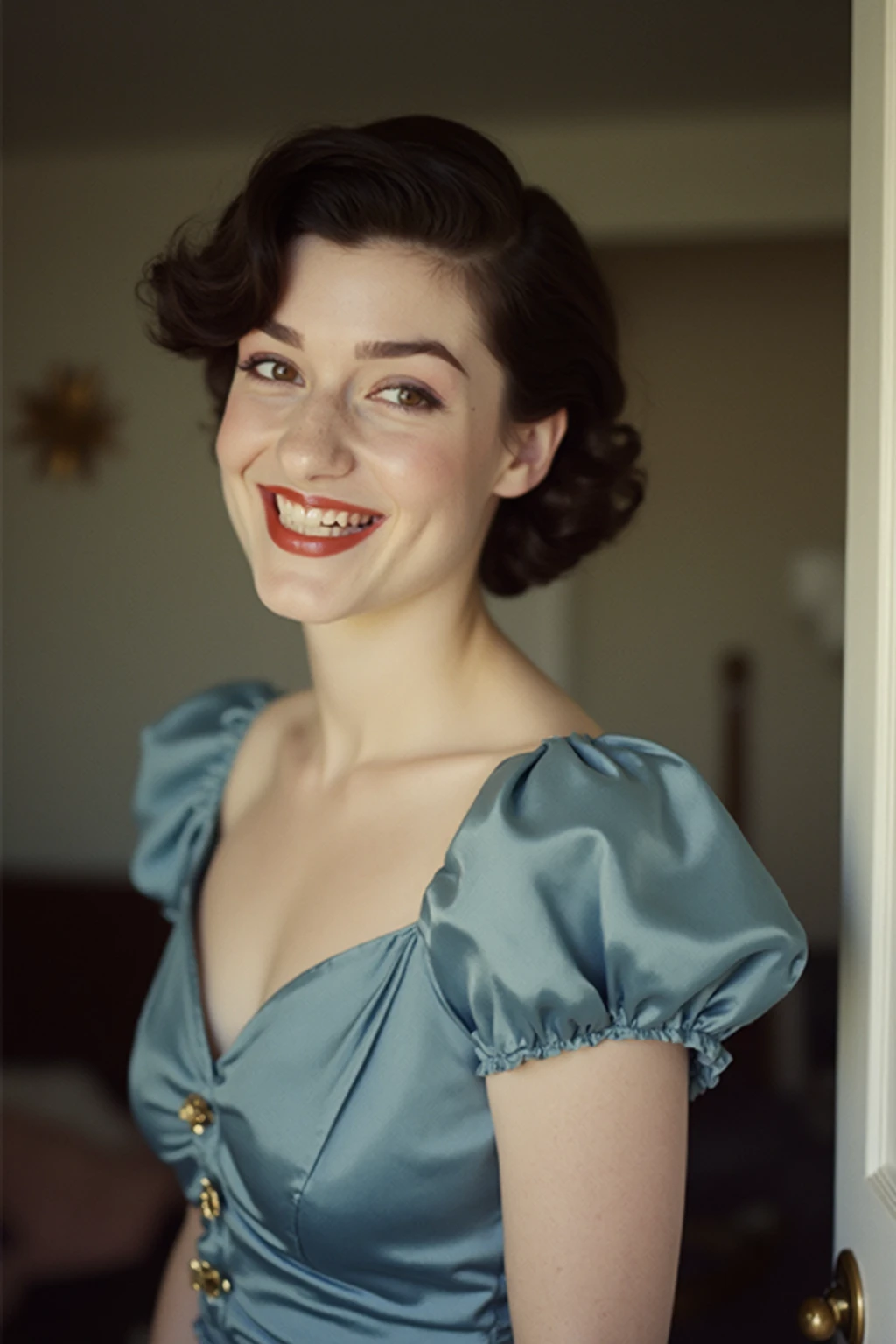 1950 Beautiful Parisian, elegantly dressed in a busy Parisian café, hellblaue Bluse, vollbusig, Dekollete, Sipping coffee, Hyperdetailliert, sensual smile, sexy, Schlafzimmer Augen, ultrascharf, langes kastanienbraunes Haar, Bob-Haarschnitt 8k, (wahnsinnig detailliert:1.5), Full body photo, 20 megapixel, Canon EOS R3, detaillierte Haut, pale skin big breasts naked 