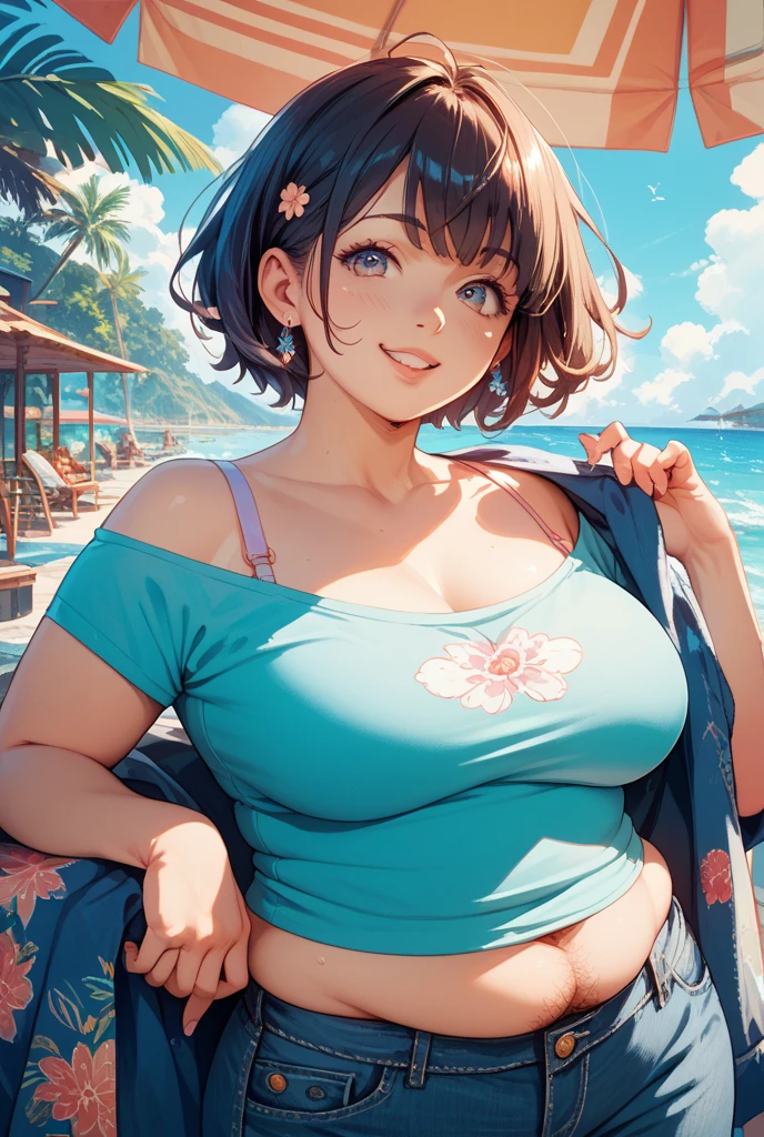 18 years old, Brown hair, Pink Eyes, Cute pose, morality.and, Very short shorts, Top of crop,huge , Crazy breast swelling, Chest larger than shoulder blades, Big breasts and thin waist,(huge breasts:1.2),Hydrated skin((rogue))((非常huge乳房)),((Grooves reveal original skin))
