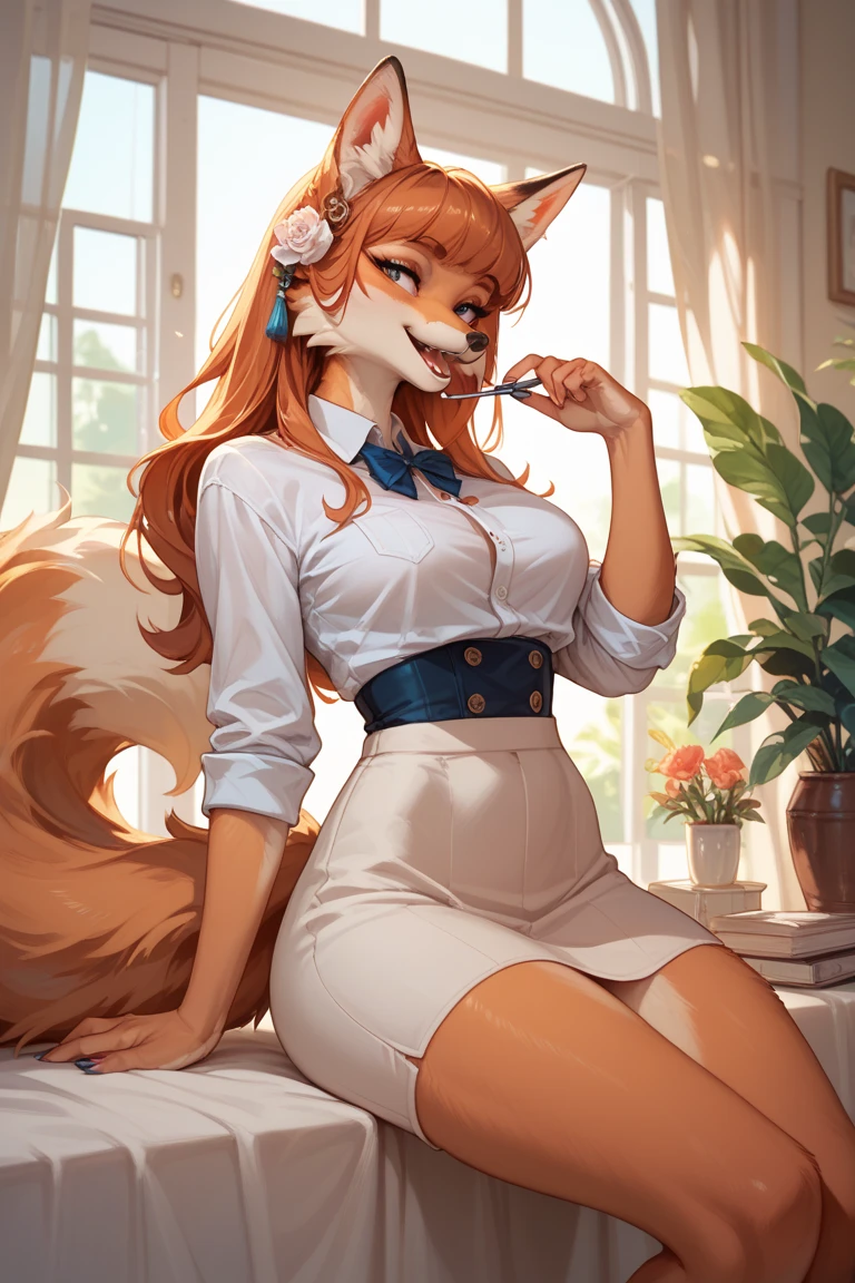 Skye from Paw Patrol, as a female fox, anthro, mature adult, mommy, tall, massive female, long messy orange hair, pink iris, white shirt, black skirt with black pantyhose, black shoes, tied up, lovey dovey eyes, lovestruck, yandere, crazy, detailed, solo, beautiful, high quality, anime suit, 4K