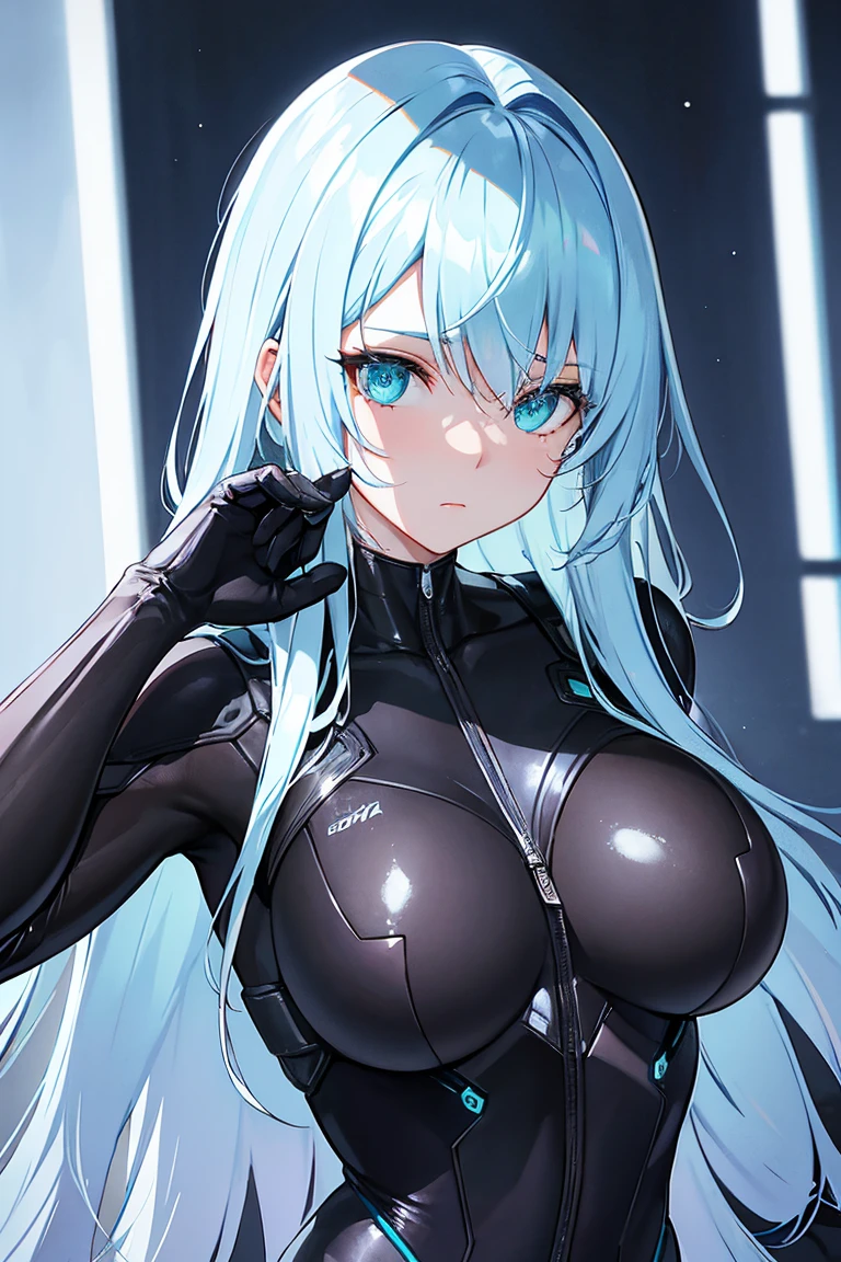 streaked hair, blunt bangs, crystal hair, aqua eyes, from above, reflection light, textured skin, (high details), ((best quality)), highres, 8k, Spy in science fiction movies, cyberpunk worlds, functional bodysuits, beautiful girl, girl in the dark, pretty, facial details are particularly rich, perfect lighting, moonlight, light and shade, goddess, Ruined futuristic city