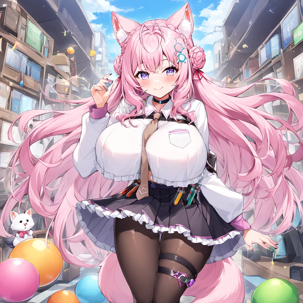 Happy , with wolf ears and pink hair, holding her cheeks, wolf tail, wearing a latex dress, looking at veiwer, full body, you can see her chest, naked breasts