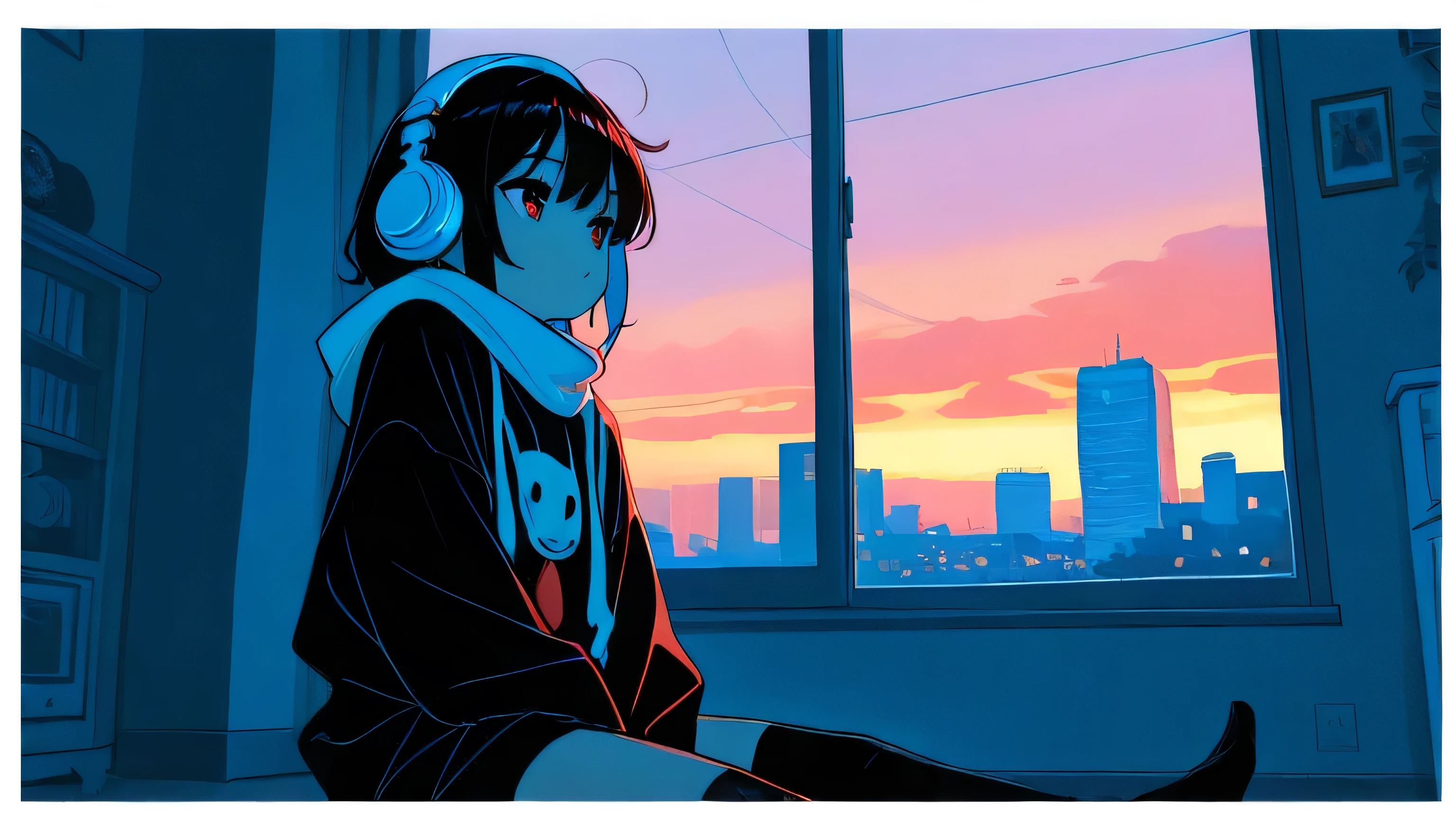 ((最高品質)), ((傑作)), (詳細), 1girl, ねこ一匹、セクシーgirl sitting on floor looking out window at city, aesthetic aesthetic, vibes, lofi art style, lofi portrait by the window, watching the sunset. headphones, lofi, noble girl, lofi art wallpaper 4k, lofi art wallpaper 4k, lofi art wallpaper 8k, lofi background art, lofi color, lofi art, aesthetic aesthetic
