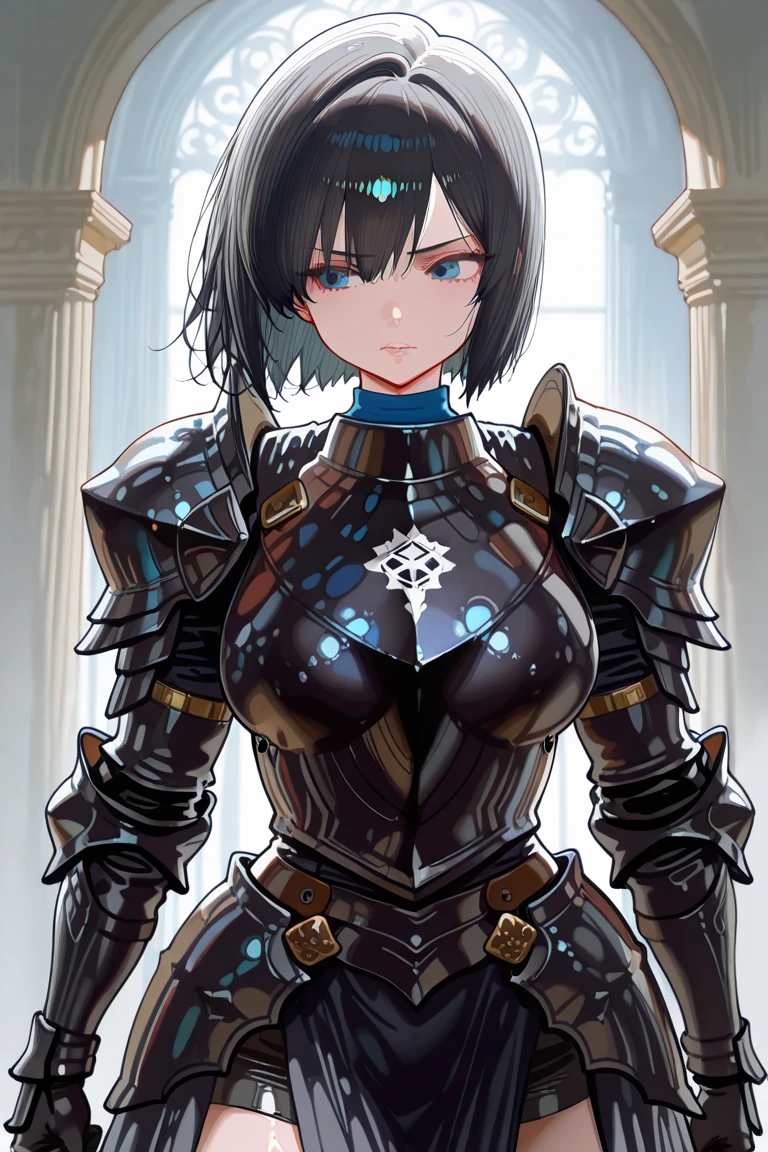 ((Highest quality)),(Ultra-high resolution),(Super detailed),(Detailed Description),((The best CG)),(masterpiece),Highly detailed art,(Art with precise detail:1.5), (woman:1.6),(Black full body tights:1.8),(Metallic Red:1.7, Light armor:1.6, Detailed carving:1.5),(Glossy black short hair:1.3),(Sapphire blue eyes:1.3, Slanted Eyes:1.5)