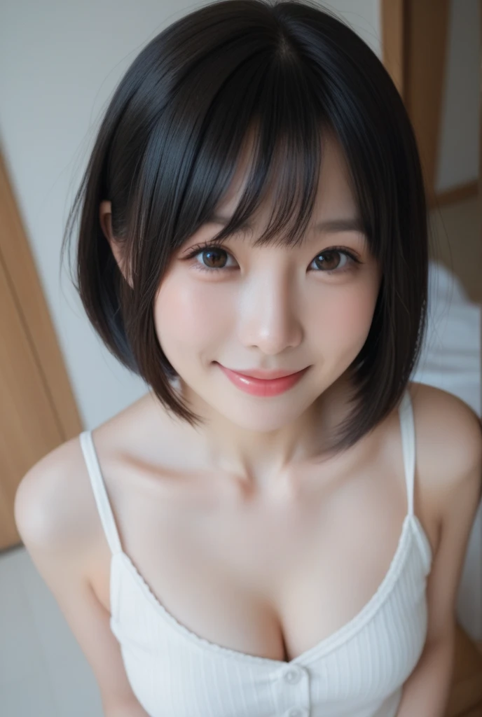 masterpiece、1 girl per 1 photo、Hotel bedroom、 (13yo girl、Extremely beautiful face, natural make up)(fair white skin)(sparkly eyes)、bright expression、blushing cheeks、a blond、Sleeping in bed、(Black knee-high)((I can see the cleavage、Black off-the-shoulder、Long length))shiny lip、Short bob hair、光沢のある滑らかなa blondの髪、 asymmetrical bangs、8K分辨率、high detal、detailed hairstyle、A detailed face、beutiful breast、Beautiful valley、thin-waist、big butts、rendering octane、Ultra-realistic、Perfect limbs、perfect anatomia、face lights、medium-full shot、Angle up to the knee