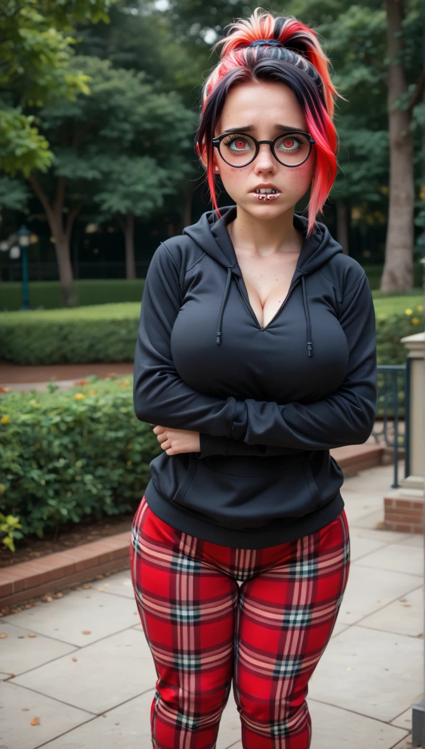 chubby, woman, thick waist, large chest, red hair, messy hair, black beanie on head, blue eyes, glasses, black short shorts, short red vest , black combat boots, fat, larger body, chubby face, face with blush, cleavage visable, boob window, cute, hot, thicc, licking lollipop,