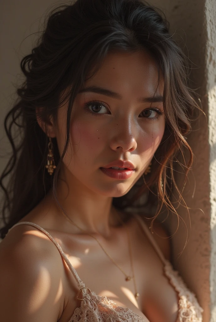 a beautiful young asian woman, sensual, athletic body in a tiny bikini, long hair in an elegant updo, henna love poems written on her back in an artistic font, facing away from the viewer, (best quality,4k,8k,highres,masterpiece:1.2),ultra-detailed,(realistic,photorealistic,photo-realistic:1.37),highly detailed portrait, photorealistic, intricate details, chiaroscuro lighting, dramatic color palette, editorial fashion photography style