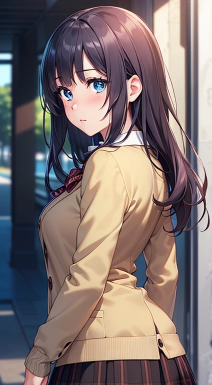 ((Tabletop, highest quality, High resolution, Hmph, Perfect Pixel,  4K, Hmph, Hmph))), One Girl, single, alone, Beauty、The whole body is visible、 ((Mid-wave hair, bangs, Brown Hair)), ((Brown eyes, Beautiful eyelashes, Realistic eyes)), ((Detailed face, Blushing:1.2)), ((Smooth texture:0.75, Realistic texture:0.65, Realistic:1.1, Anime CG Style)), Medium chest, Dynamic Angle, Perfect body,  ((Red bow tie, , Black jacket, Open jacket, Brown cardigan, White shirt, Black Skirt, Checked skirt)), City stairs、Looking up from the bottom of the stairs、Very embarrassing panic smile, looked back、Leaning forward、(The wind blew up her skirt, exposing her buttocks....................、Touch your buttocks with both hands、Light pink and red floral lace panties)、