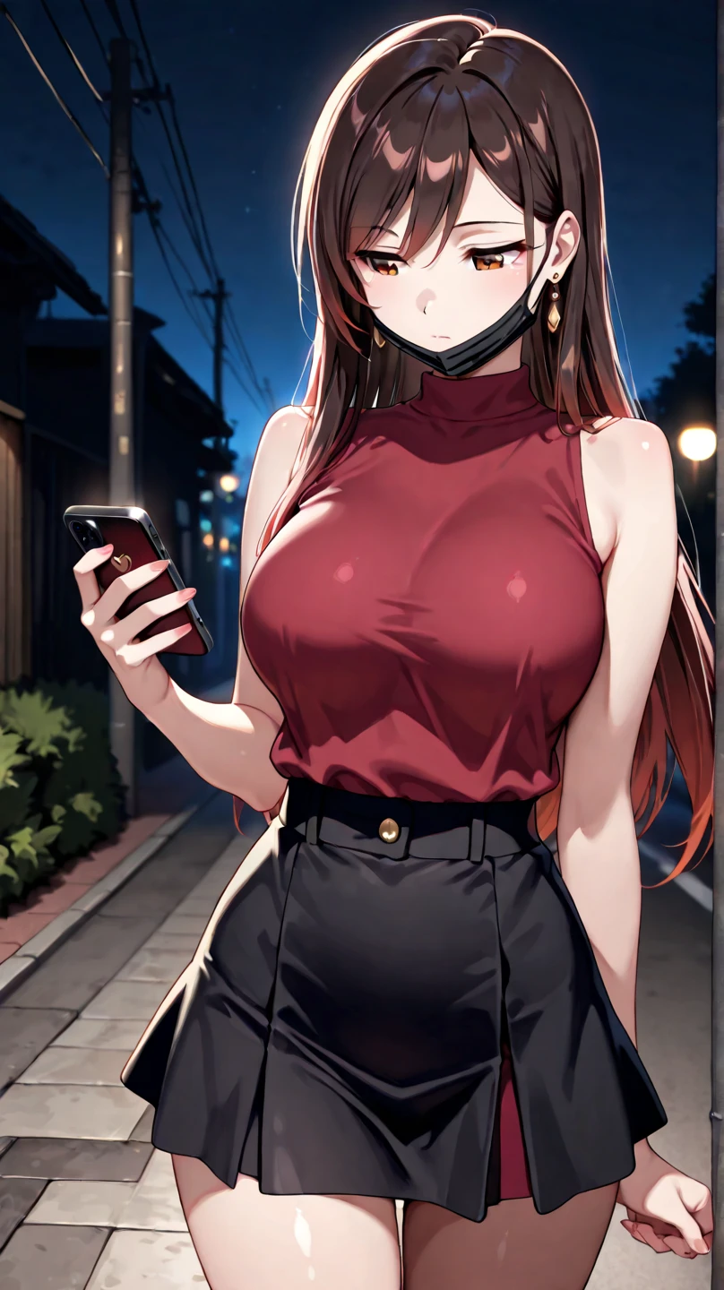 anime girl in a school uniform holding a cell phone, iwakura lain, Realistic Schoolgirl, visual novel cg, anime moe art style, beautiful anime high school girl, nagatoro, shikamimi, Gapmoe Yandere, magical school student uniform, Smooth Anime CG Art, a hyperrealistic schoolgirl, ; visual novel, Hinata Hyuga, (masutepiece, Best Quality, High quality), Detailed, Extremely detailed, Ambient soft lighting, 4K, ornate, (renaissance, Vintage:1.4), Plants, window, 1gril, (Solo:1.4), (A MILF:1.2), Standing, Upper body, (Face Focus:1.2), (very detail hair:1.2), Long hair, long sidelocks, Bangs, (Hair intake, High Ponytail:1.4), deadpan, deadpan, (Red Eyes, Glaring, contempt, feeling of disgust, Looking at Viewer:1.2), Curve, Huge breasts, Skindentation, (Bursting breasts:1.2), (tiarra:1.2), diadems, (cleavage, Strapless, Red dress, frilly dress, Long skirt, Puffy skirt, Puffy sleeves, juliet sleeves, Long sleeves:1.2), Jewelry,