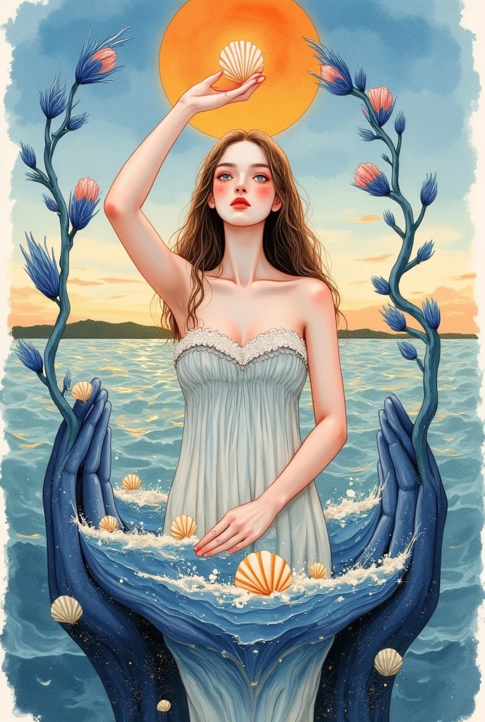 (Adult woman:1.5), (Big breasts:1.2), (Large hips:1.5), ,(big butt:1.5), (Perfect body:1.2), (slim waist:1.5), (flat belly:1.2), "Draw a scene depicting a variation of the 'Birth of Venus', inspired by the famous work of Sandro Botticelli. In this version, Venus is sitting gracefully on a giant shell, with her legs crossed in a meditation position. She's gently holding a wad of blue roses in her hands, while keeping her eyes closed and a serene expression on her face. The blue roses symbolize tranquility and inner peace. Be sure to capture the tranquility and grace in the traces of Venus, as well as the serene environment around you. The scene should be composed of soft colors and pastel tones, creating an atmosphere of calm and contemplation."