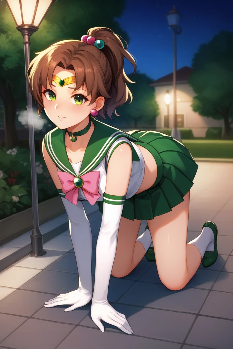 Highest quality, High resolution,((Sailor Jupiter)), One Girl, single, alone, Beauty, bangs, Brown Hair,Long ponytail)), ((Green Eyes, Beautiful eyelashes, )), (( Super anime CG style)), Big Breasts, Dynamic Angle, Perfect body, ((とても恥ずかしいパニックsmile、Look back and see this,(Point your butt forward)、(No underwear)、tall、No sleeve,The ruins in the background are very beautiful,Big eyes,(High definition and very beautiful eyes).smile,((Deep green ultra-mini skirt)),Looking up at the butt,Jupiter is visible,Big Ass,