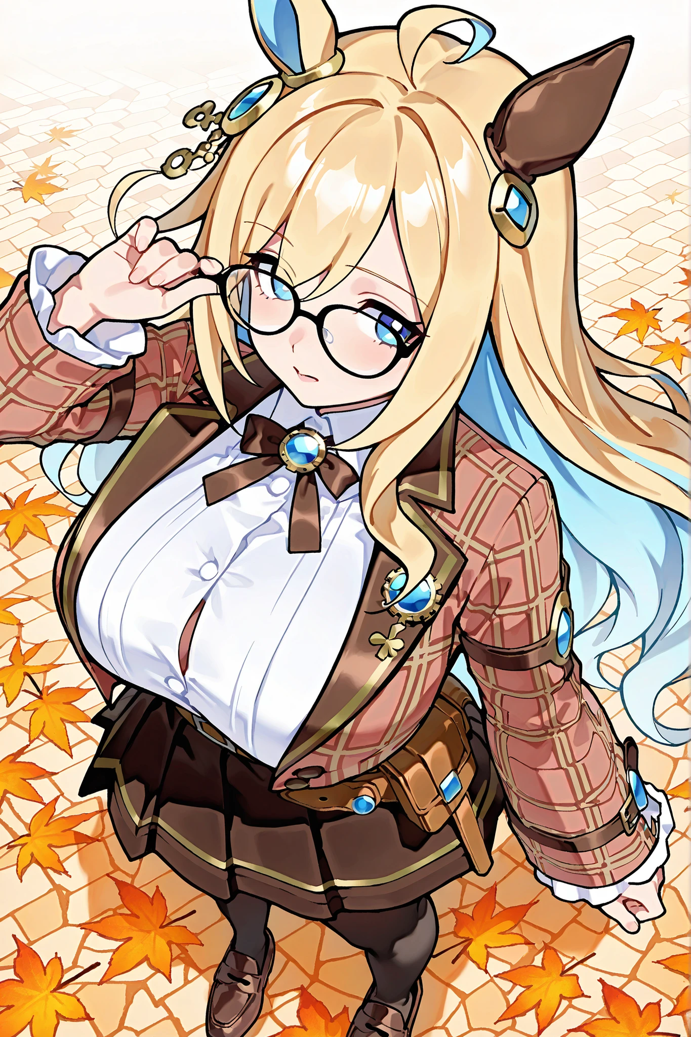 1girl, anime style, masterpiece , highly detailed, 4k, masterpiece, best quality, ultra detailed, Angle from above, ((face is looking here)), perspective, look back,
NeoUniverse3DPony, blond hair, Light blue inner color, horse ears, huge breasts
British-style school uniform, elegant checkered jacket, fitted waistcoat, pleated skirt with lace hem, gold buttons, plaid pattern, dark brown and beige color scheme, bow tie, white blouse, ribbon accents, dark tights with floral embroidery, loafers with ribbon detail, detailed accessories, steampunk-style brooch, belt with pouches and trinkets, hair ornament, glasses, bookish vibe, neat and classy, highly detailed outfit,
Autumn Background