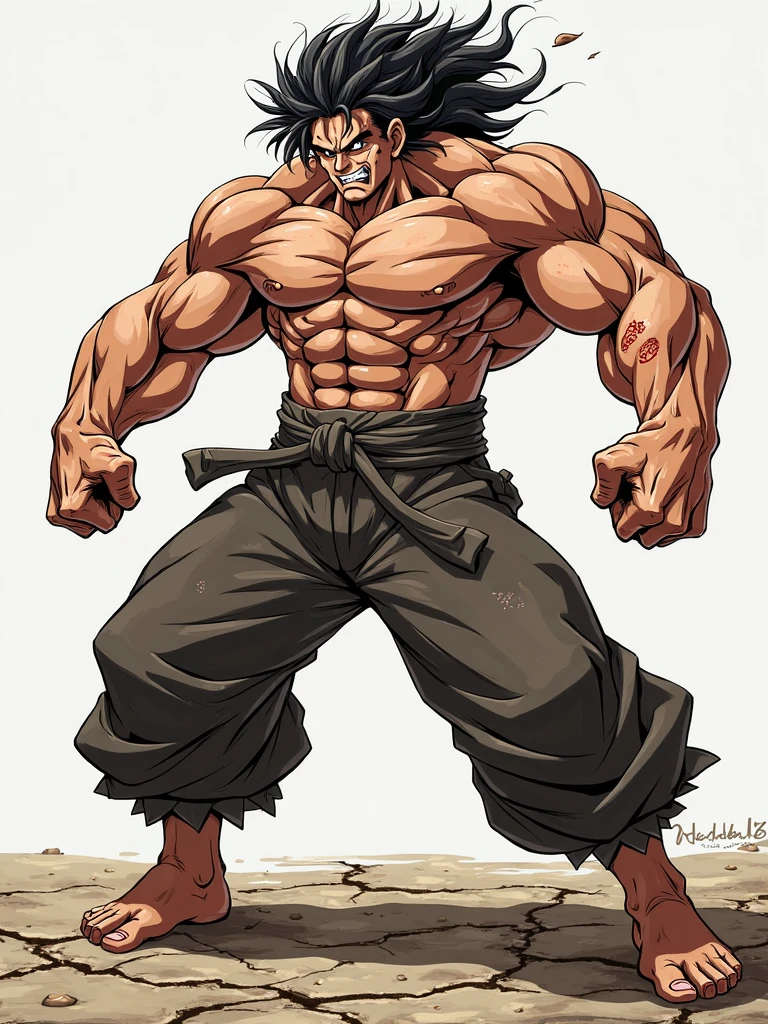 Yujiro hanma, very muscular, male, testosterone, dressed as a blacksmith, in a forge, forging a sword, dar ambiance, 8k, higly detailled,