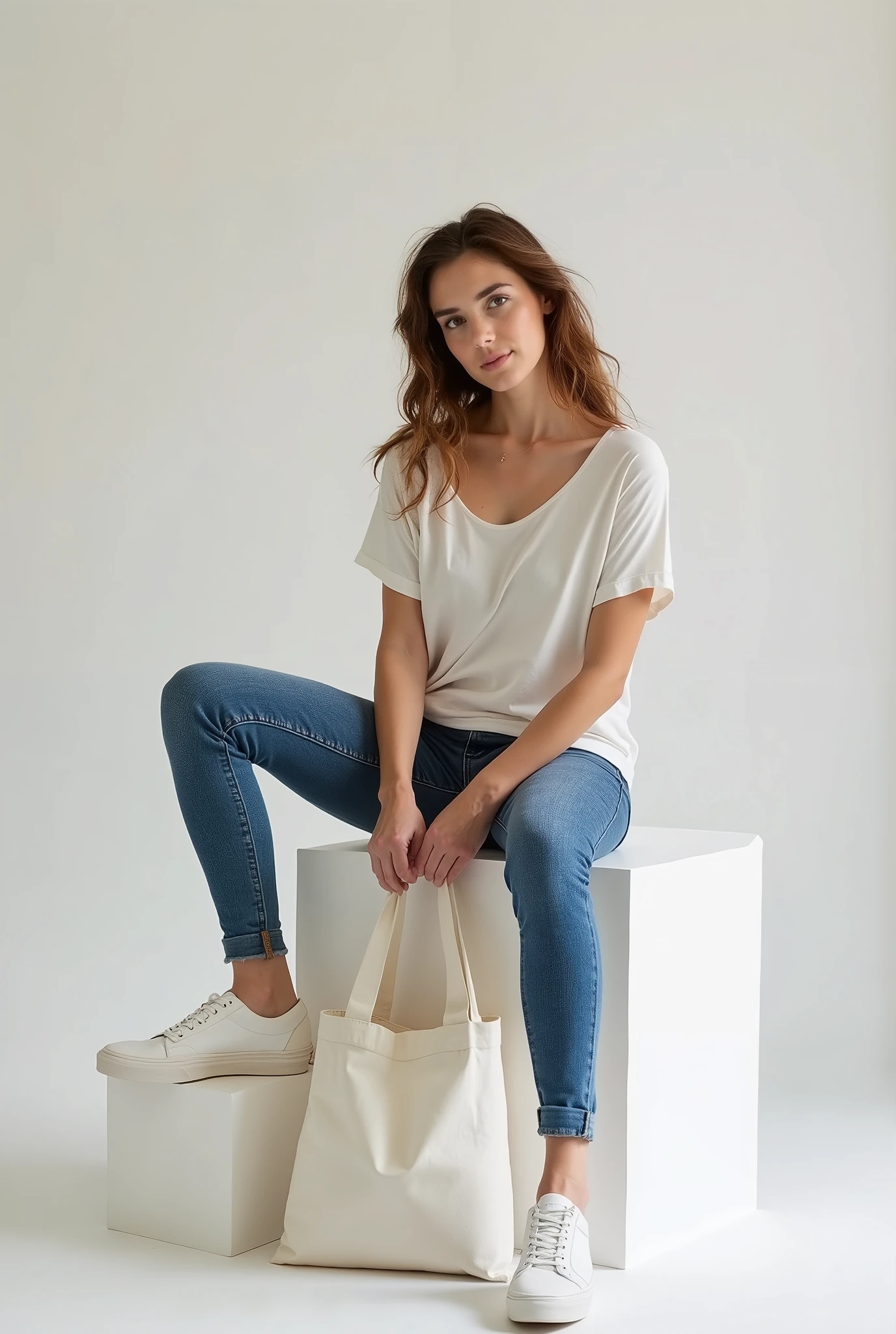 A beautiful Italian woman, Sitting on a white block wearing a loose t-shirt, tight jeans and (Vans® sneakers), holding one holding a white cloth bag, holding a raw cloth bag, square bag, Sustainable Materials , flat bag, holding an ecological bag, realistic photo, advertising photo, advertisement image, photo in perspective
