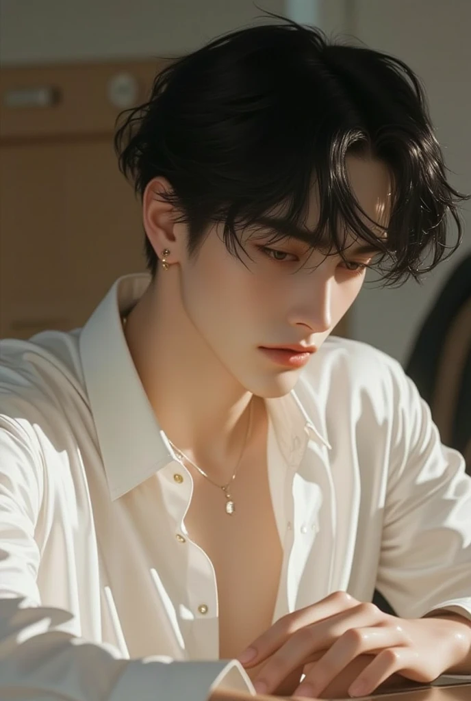 In the classroom, full body photo , are lying at the table, dry, is in good shape , smooth skin , Korean Comic Style , lenses , young and vibrant , is in good shape , Strong White Skin , wet hairstyle , I saw a handsome face and a small face. , Sweating,gasping , blush,18 year old boy , blur the background do not show any figures or people, correct the eyes so that it is looking down wearing a white buttoned up shirt slightly undone. high resolution, clear colors, shiny lips, and glistening skin.