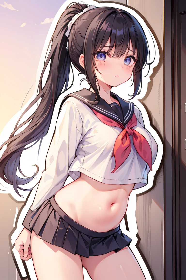  best quality,8k,ultra high res,cowboy shot,from behind,from back,soft light,standing,1woman ,mature female,solo, college uniform,sailor collar,arms at sides,white thighhighs,crop top,underboob,shirt lift,blue skirt,pleated skirt,short sleeves,white shirt,red bowtie,closed mouth,see through,the background is in the primitive forest,(looking at viewer:1.2),lora: stylea1:0.75, {dark brown hair, long hair, blown hair, [[large breasts]], medium breasts, purple eyes}, wet, {sweat} , bedroom