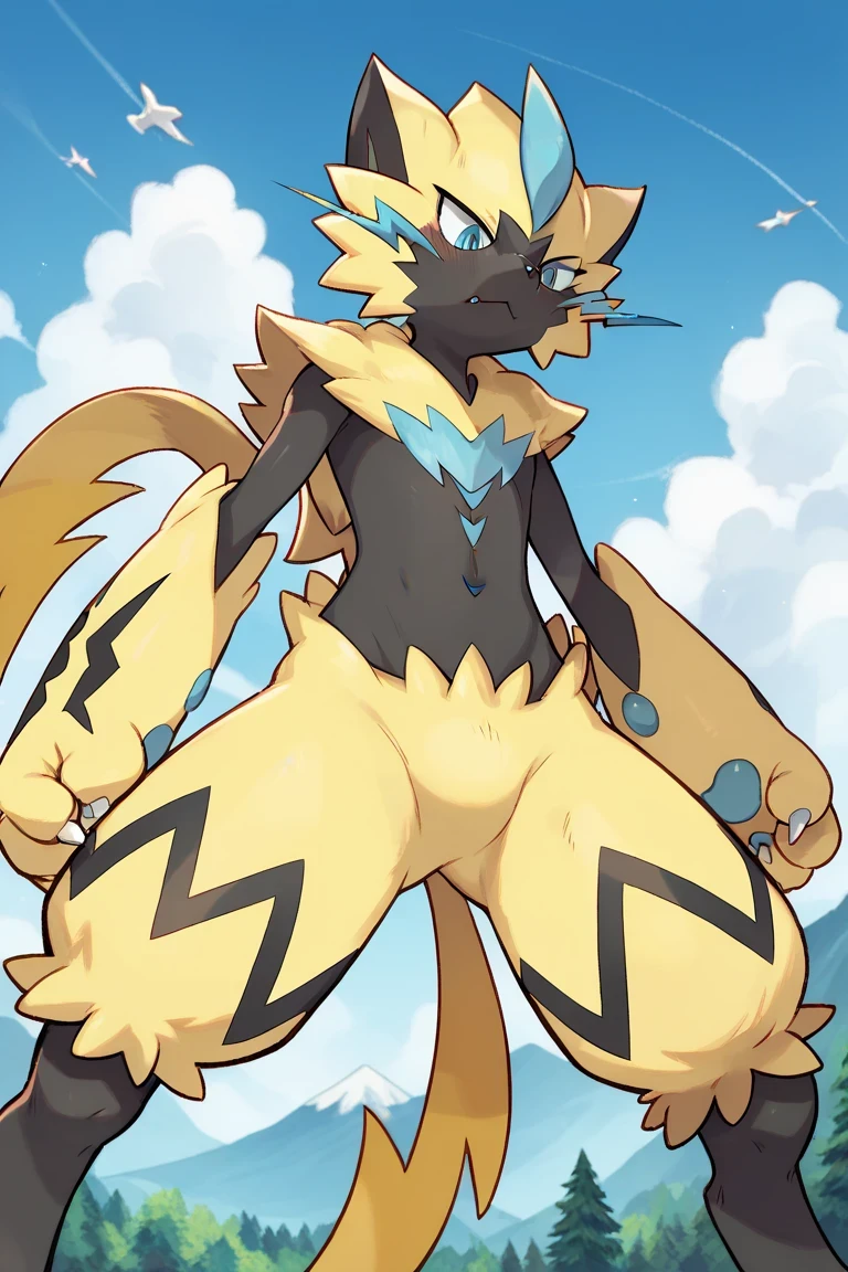 Zeraora Pokémon male , mountains, Sky Blue , white clouds , blue sky, in a forest, , aggressive look, WRITE LINES, Bipedal position, Alone, seen from below, looking down, in front, legs apart
