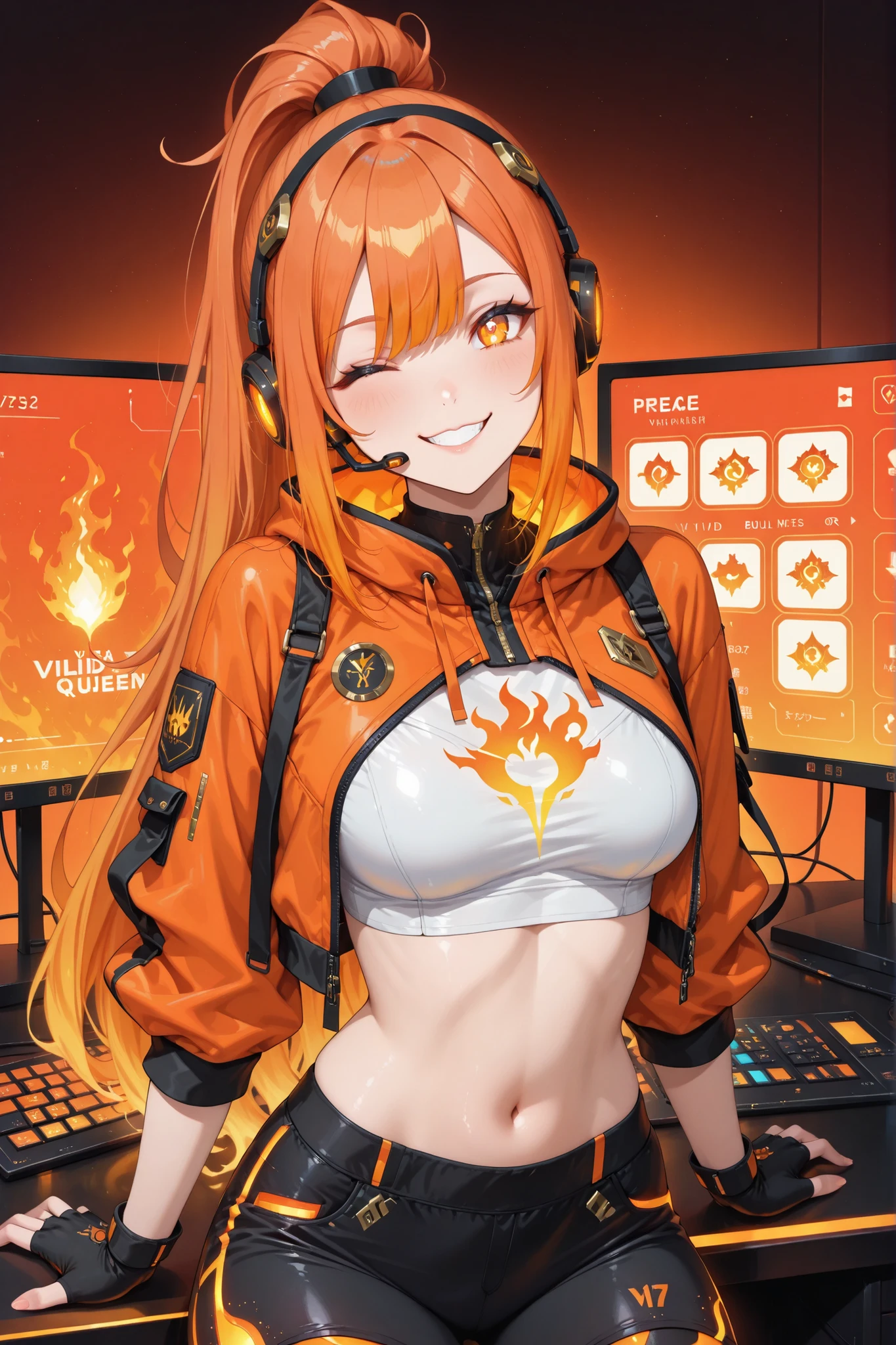((masterpiece, best quality, anime style, ultra-detailed)), (1girl, solo, human), (young female, age 17–19, energetic and cute build, glowing amber-orange eyes:1.4, wide playful smile, cheerful expression, warm fair skin), (bright orange hair:1.6, tied in a high ponytail or side bun with glowing headset and streamer clips), (red-orange futuristic streetwear:1.5, cropped flame jacket, glowing crop top with fire logo, fingerless gloves, tech shorts or fitted pants with gold accents), (half-body front view, expressive pose, hand raised in peace or wink, face fully visible), (background: vibrant orange streamer studio, glowing flame-themed panels, soft gradient orange lighting, fire emotes floating mid-air, digital overlay chat bubbles, logo screen glowing behind her, orange neon RGB desk light reflection), (color palette: vivid orange, red, gold, neon pink, warm white), (vibe: streamer superstar, fun chaos queen, energy on fire)